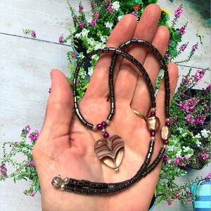 Artisan Purple and Black Hematite Heart Pendant Necklace NWOT